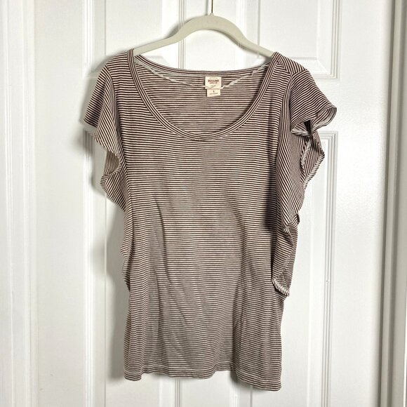 Vintage Mossimo Brown Stripe Scoop Neck Tee Sleeve Ruffles Size Small Preowned - Picture 1 of 7